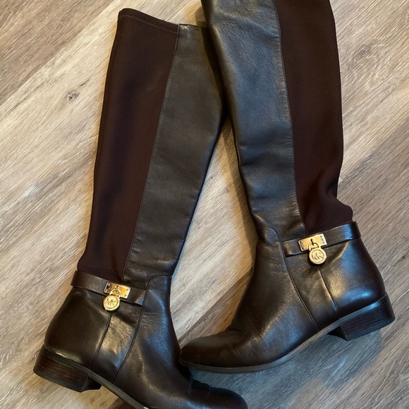 Michael Kors Hamilton Stretch Dark Brown Leather Riding Boots with Gold Accents - Picture 2 of 7
